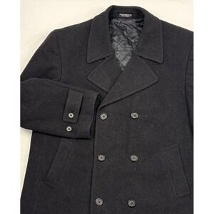 VTG 80s/90s 100% Wool Double Breasted Car Coat 44R Charcoal Gray Quilted Lining